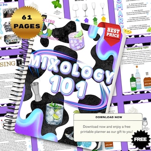 Op de afbeelding: Een spiraalgebonden notitieboek met de titel "Mixology 101" met een zwart-wit koeienprint ontwerp. De omslag bevat illustraties van cocktails en bartools. Een gouden sticker leest "61 Pagina's". Een rode banner zegt "Beste prijs".