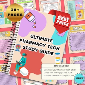 May include: A spiral-bound study guide titled "Ultimate Pharmacy Tech Study Guide" with a colorful cover. The cover features illustrations of pills, a pharmacy tech, and the text "30+ Pages". A banner reads "Best Price".