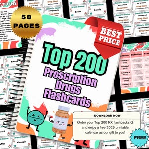 Può includere: Un quaderno a spirale intitolato "Top 200 Prescription Drugs Flashcards" con uno striscione "Miglior prezzo". La copertina presenta illustrazioni di cartoni animati di una pillola e di un flacone di medicinali. Il quaderno ha 50 pagine.