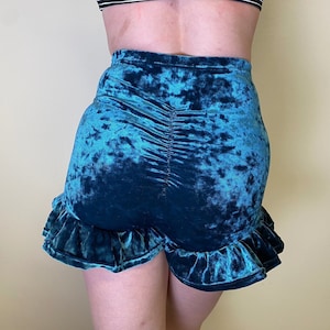 Blue Velvet Ruffle Bum high waisted Shorts, Dance and circus.