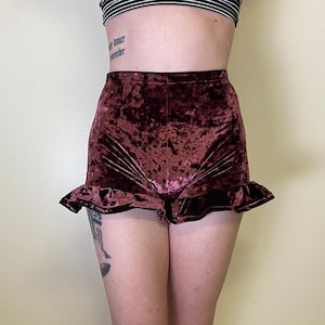 Burgundy Velvet Ruffle Bum high waisted Shorts, Dance and circus.