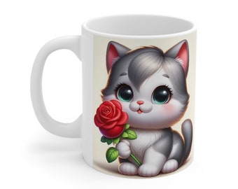 Ceramic Mug 11oz - Mug with Cat Holding a Rose