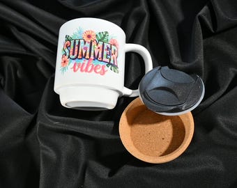 Summer Vibes mug with cork base and lid
