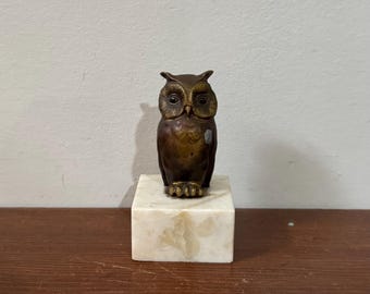 Vintage German Metal Owl Figurine on Marble Base - Mid Century Brass Owl Paperweight - Made in Germany Desk Deco