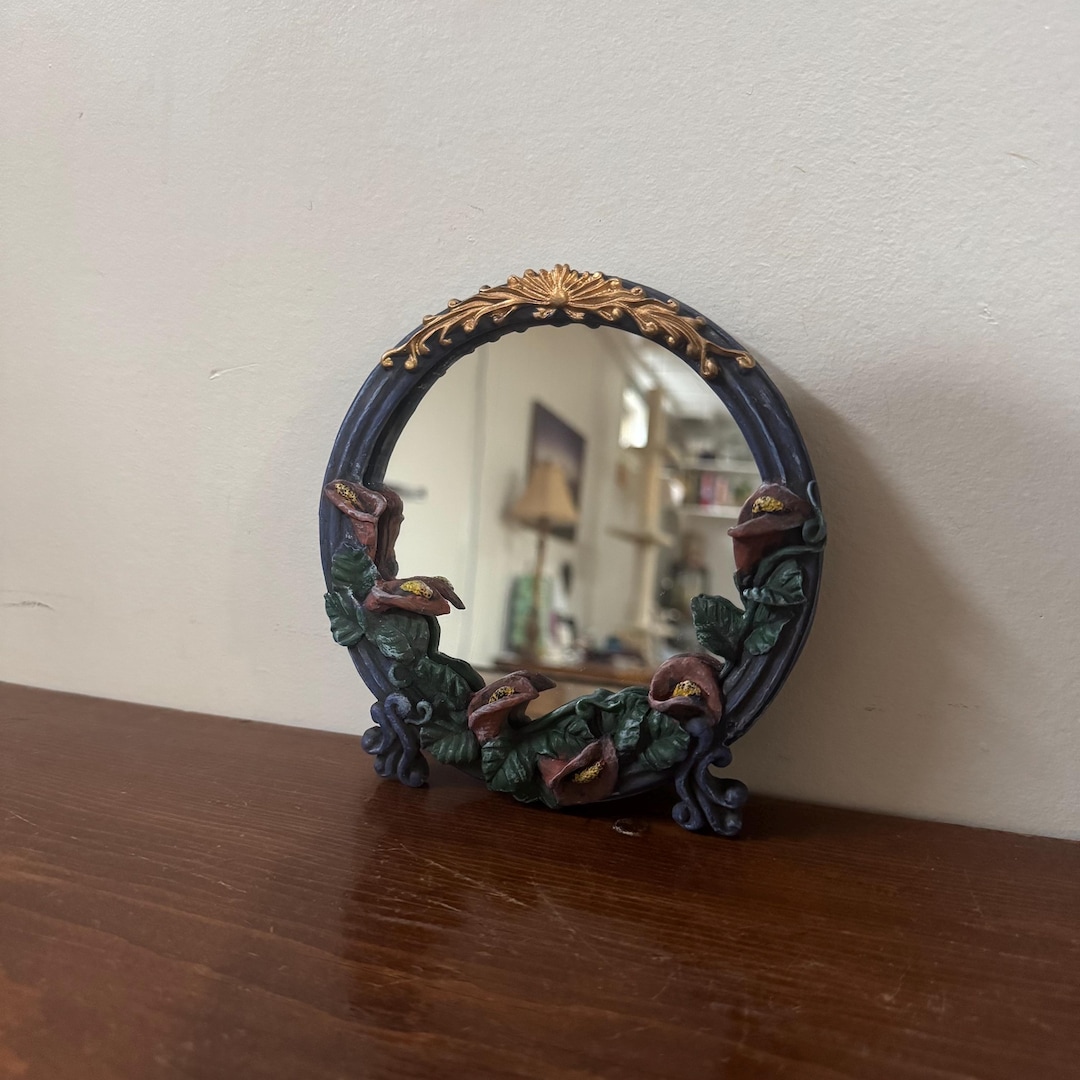 Vintage Round Floral Wall Mirror - Painted Resin Calla Lily Frame *read ...