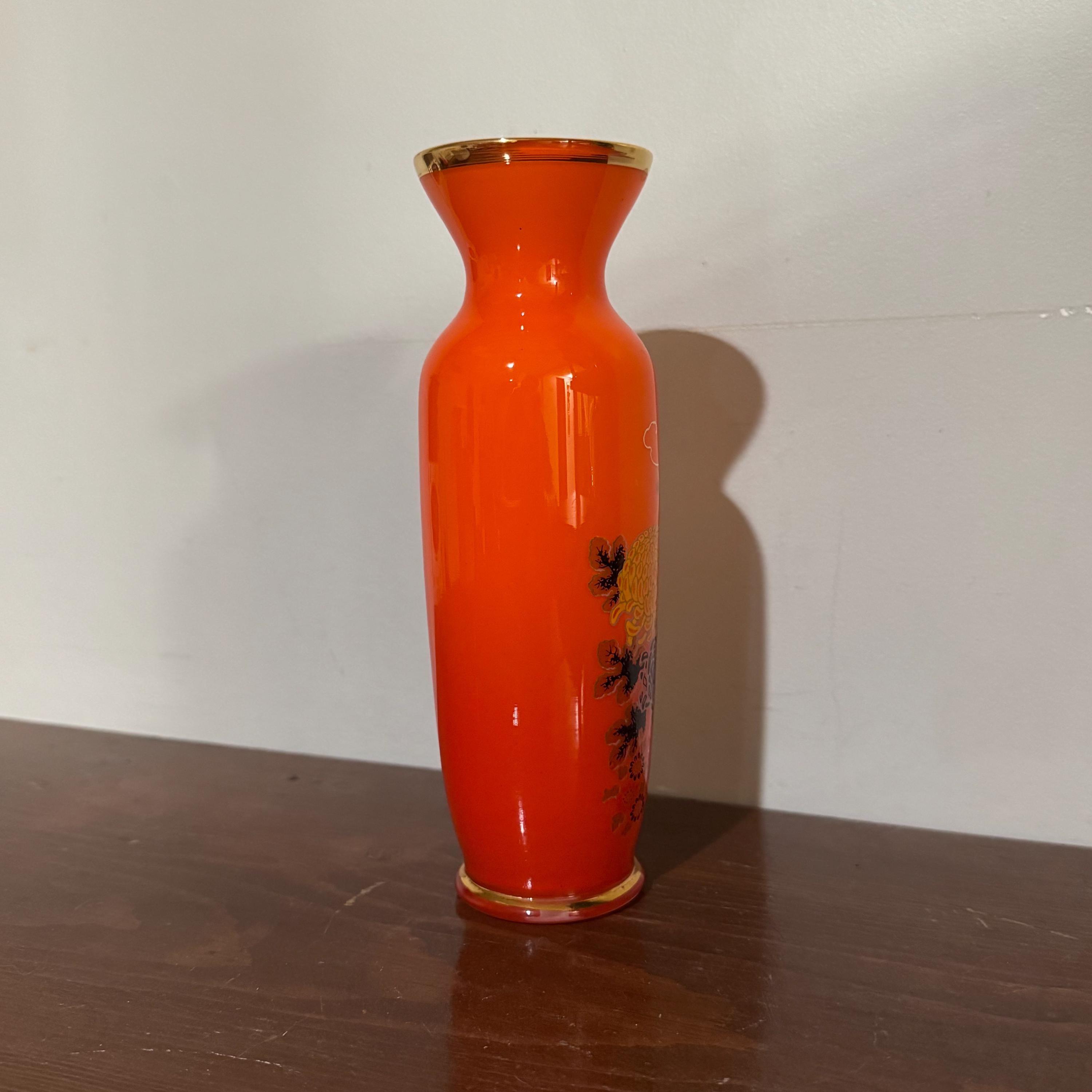 Vintage Mid-century Vivid Orange Glass Bud Vase With Flowers and