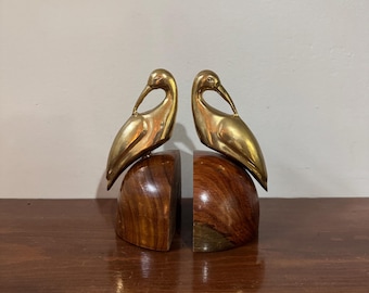 Vintage Brass Egret Bookends Wood Base - Book Holder Bookshelf Organization Decor