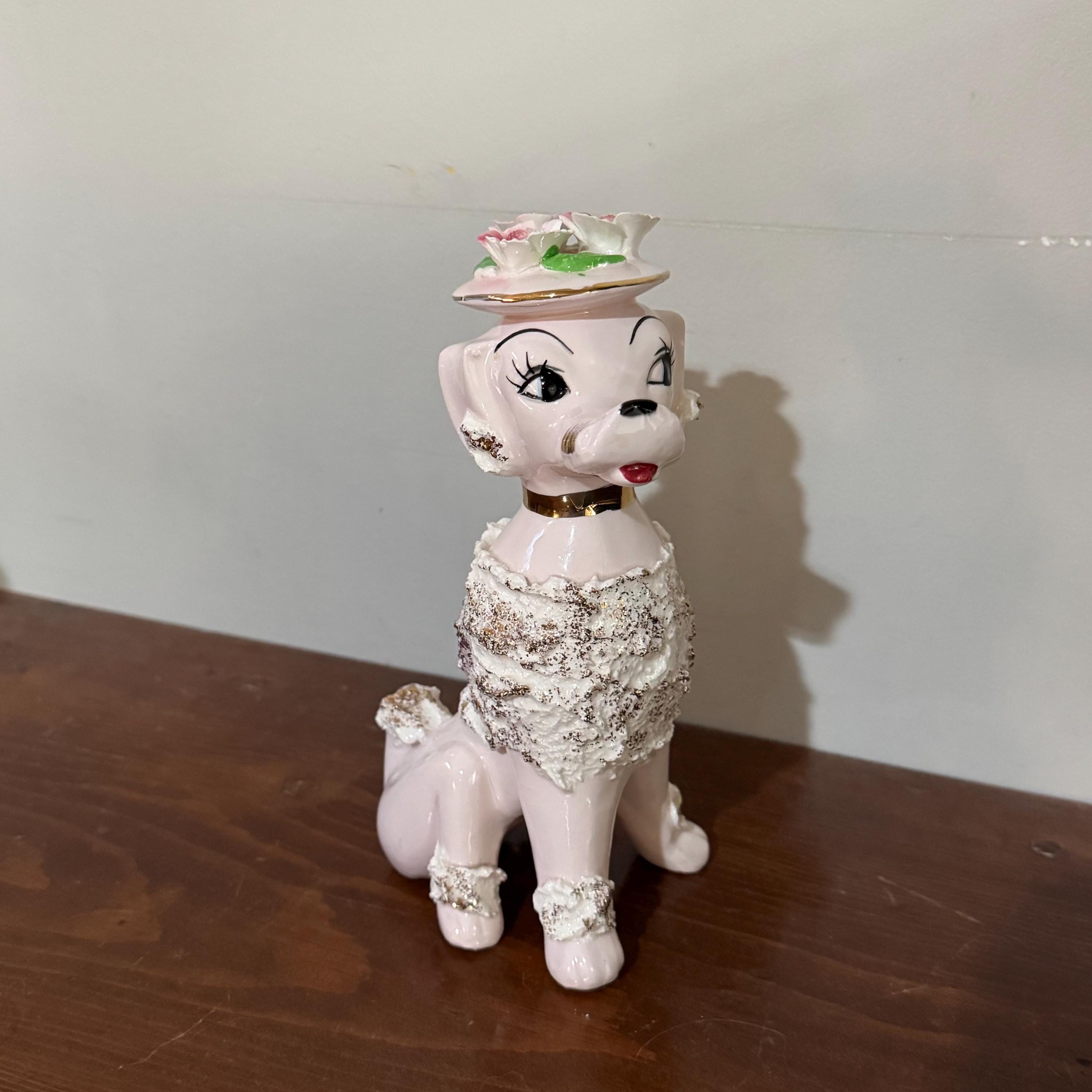 Vintage Spaghetti Pink Poodle Figurine Gold Accent Pink Flower Hat