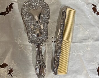 Antique French Guilloche Enamel Vanity Brush: Floral  display picture 3