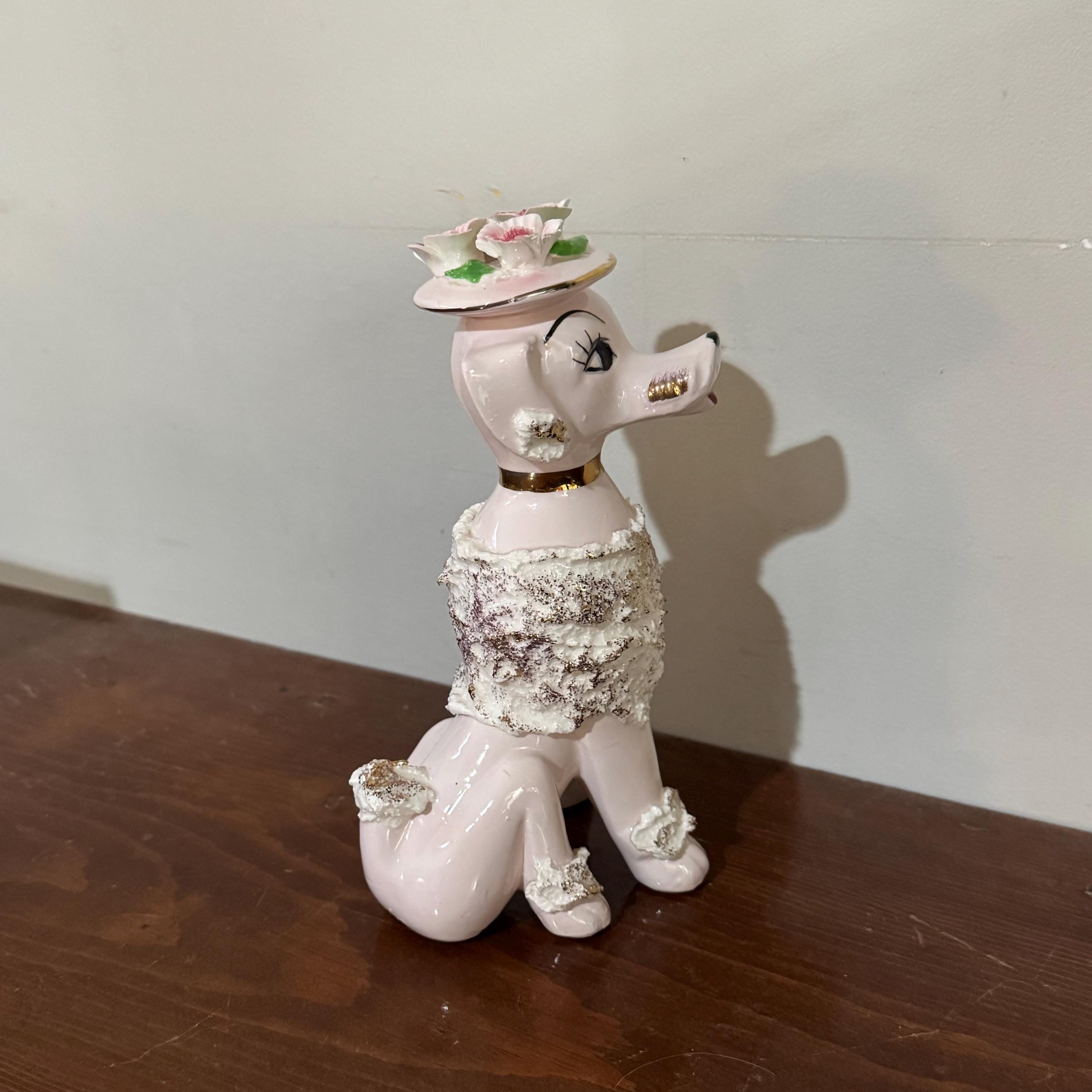 Vintage Spaghetti Pink Poodle Figurine Gold Accent Pink Flower Hat