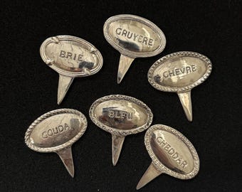 Silver Tone Cheese Markers Set of 6 Brie Gruyere Chevre Gouda Bleu Cheddar