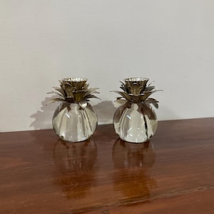 Vintage Hollywood Regency Glass Ball Pineapple Leaf Candle Holders Pair