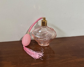 Vintage Pink Carnival Glass Perfume Bottle with Atomizer Tassels - Art Deco Vanity Classic Elegant
