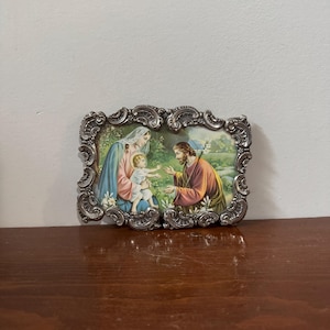 Vintage Holy Family Wall Art - Ornate Rococo Style Frame - Catholic Religious Art Mary Jesus and Saint Joseph