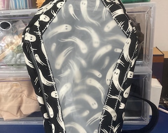 coffin shaped, ghost themed backpack, crossbody