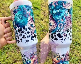 Kubek 40 oz z uchwytem i słomką w stylu Western Floral Animal Print | kubek typu dupe | kubek podróżny | napój gaszący pragnienie