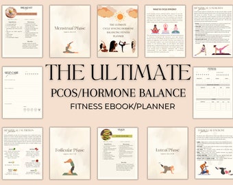 Könnte beinhalten: Ein digitales Fitness-E-Book/Planer mit beigem Hintergrund. Der Titel "THE ULTIMATE PCOS/HORMONE BALANCE FITNESS EBOOK/PLANNER" ist prominent dargestellt. Seiten behandeln Themen wie Frühstück, Selbstpflege, Menstruationsphasen und Übungen. Illustrationen und Text sind minimalistisch.
