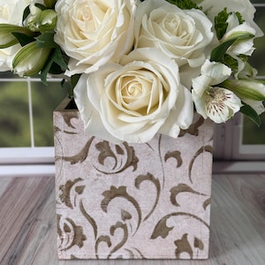 Hand Painted Cache Pot, Elegant Wood Plant Holder, Artisanal Gift for Her, Decorative Floral Arrangement Vessel, Rose Gold Wedding Decor