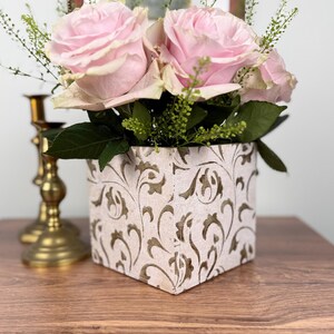 Hand Painted Cache Pot, Elegant Wood Plant Holder, Artisanal Gift for Her, Decorative Floral Arrangement Vessel, Rose Gold Wedding Decor
