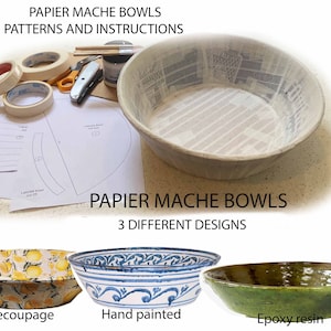 Può includere: Un set di tre ciotole in cartapesta con diverse finiture. La prima ciotola è decorata con un design di decoupage di limoni. La seconda ciotola è dipinta a mano con un motivo floreale blu e bianco. La terza ciotola è rifinita con resina epossidica e ha un colore verde. L'immagine mostra anche i materiali e le istruzioni per realizzare ciotole in cartapesta.