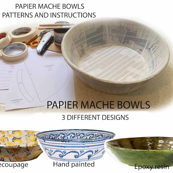 PDF digital Pattern and Instructions for PAPIER MACHE Bowls * 3 different designs 40x15cm