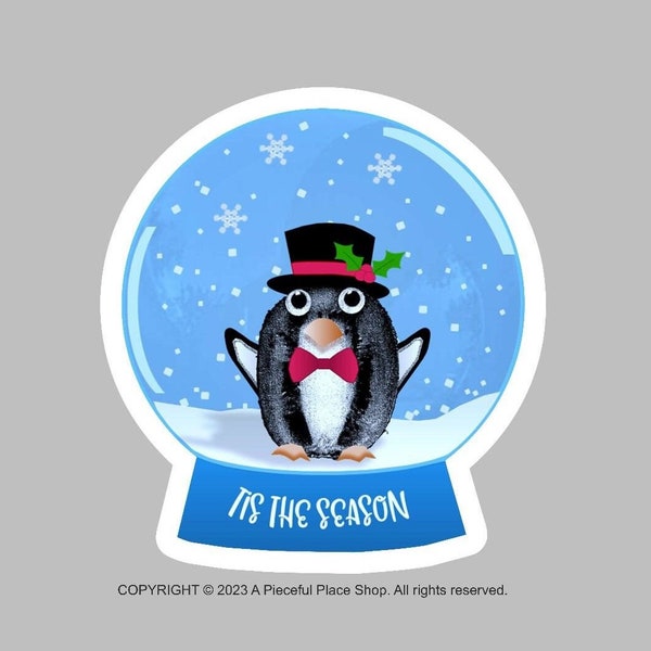 Penguin stickers, Christmas stickers: snow globe snowflake sticker. Best holiday decoration for cards, gifts. Cute child stocking stuffers