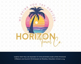 Travel Agent Logo, Boho Palm Tree Sunset Hippie Beach Logo, Pink and Gold Branding, Professional Premade Logo Design, Company Brand Idenity