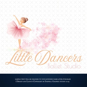 May include: A watercolor illustration of a ballerina in a pink tutu with a pink floral design. The text "Little Dancers Ballet Studio" is written in a cursive font below the ballerina.