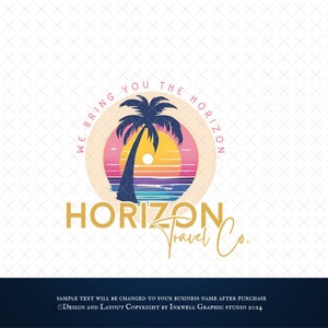 May include: A logo for a travel company called "Horizon Travel Co." featuring a palm tree silhouette and a sunset over the ocean. The text "We bring you the horizon" is written in a circle around the palm tree.