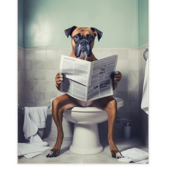 Boxer Boxer Dog Sitting on the Toilet and Reading the Newspaper Fun Bathroom Wall Decor Fun and Quirky Animal Prints Digital files