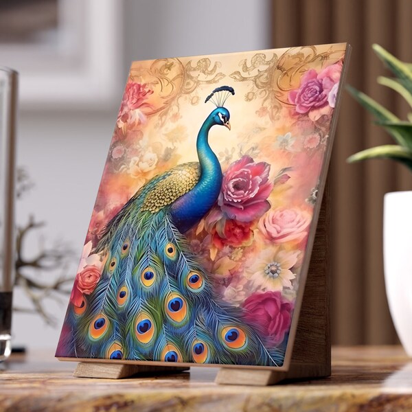 Ceramic Photo Tile Peacock, Shabby chic style, Decorative Tile, Kitchen Tile, Peacock Art, Flowers Art, Table Decor, Table Art