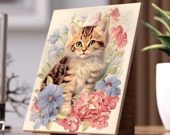 Kitten Ceramic Photo Tile  Shabby chic kitten 6x8''