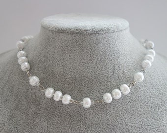 Short White Glass Beads Mother of Pearl Necklace, Glass Czech Beads Jewelry White Beads 16 Inch Length Bead Necklace