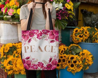 PEACE Collection Print Tote Bag; Floral Summer Tote Bag, Gifts for Her