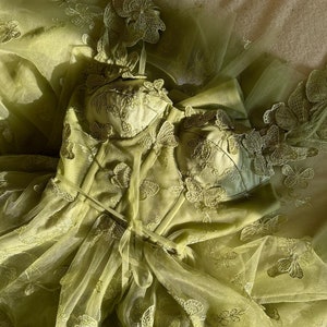 Fairycore Green Butterfly Embroidery Fairy Floral Dress Plus Size Prom Corset Dress