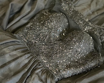 Black Goth Fairy Witch Forestcore Dress Sequin with Swarovski Crystals for Prom