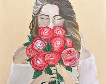 Original painting - handmade - acrylic painting - 50 x 50 cm - unique piece - woman with bouquet of roses