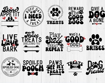 Könnte beinhalten: Eine Sammlung von 12 schwarz-weißen Illustrationen zum Thema Hunde mit roten Herzen und Pfotenabdrücken. Die Illustrationen zeigen Sätze wie "Bone Appetit", "Ruff Day I Need a Treat", "Reward the Good Dogs", "Give a Dog a Bone", "Live Love Bark", "These Treats Belong To", "Play Sleep Treat Repeat", "Who's a Good Dog?", "Bribes", "Spoiled Pooch", "Paws Off My Treats", und "Dog Treats".