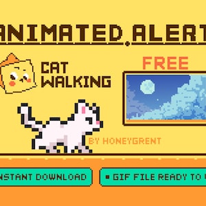 Pode incluir: GIF animado de um gato branco andando, com fundo amarelo e o texto "ANIMATED ALERT", "CAT WALKING", "FREE" e "BY HONEYGRENT". O texto "INSTANT DOWNLOAD" e "GIF FILE READY TO USE" está em caixas verdes.