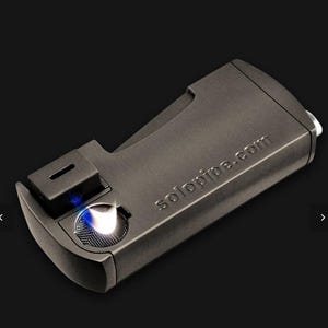 Solopipe all-in-one lighter pipe combo is a butane refillable lighter with a sliding lid cover.