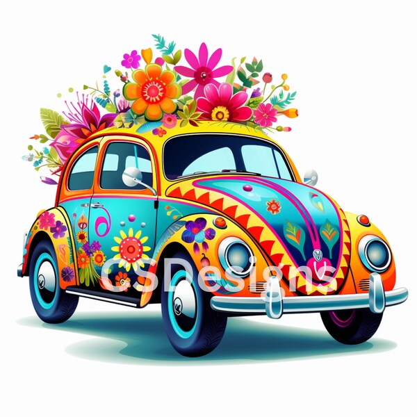 Volkswagen Beetle Hippie File - Floral Beetle Bug - PNG, JPG, Bright and Colorful