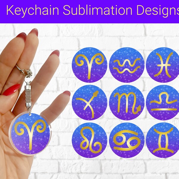 Zodiac Sign Keychain PNG Bundle | Astrology Signs | Zodiac Design | Round Horoscopes Keychain Design, Keychain sublimation designs glitter