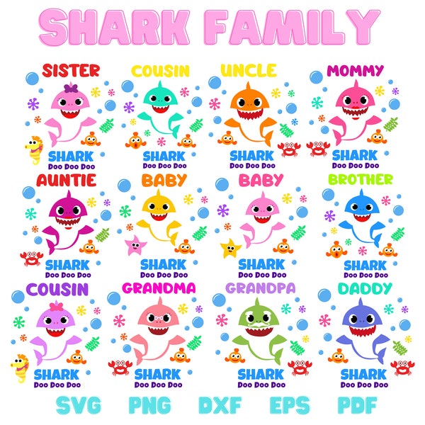 Paquete Shark Family SVG, Paquete SVG en capas, Archivos cortados para Cricut y Silhouette, Impresión por sublimación, Baby svg, vaso svg, camisetas de tiburón