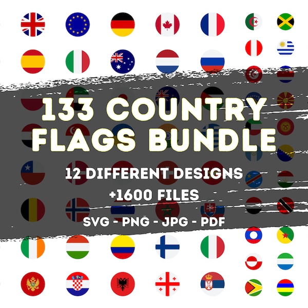 Pack d'icônes de 133 drapeaux de pays, 133 drapeaux de pays circulaires, SVG drapeaux circulaires, icônes PNG de drapeaux de pays, drapeaux des cliparts, Silhouette Cricut
