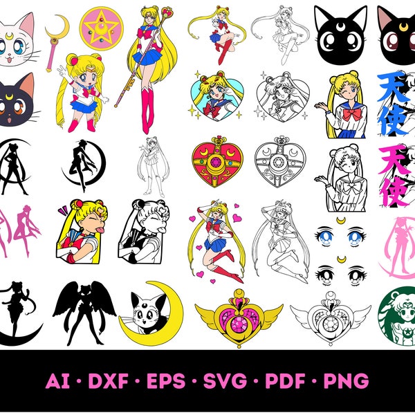 40 Sailor Moon PNG SVG Eps DXF Bundle,Popular Png Files,png Files for Cricut | Silhouette Cut Files | png for Shirts | Cricut|png designs