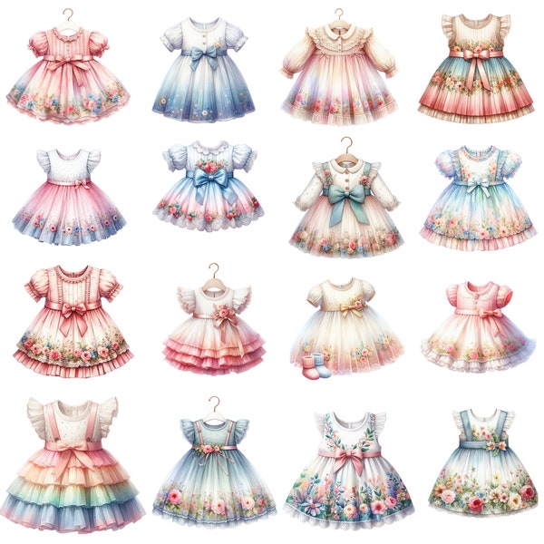 26 Watercolor Baby Girl Dress, Vintage Baby Dress Clipart, Rococo Style, Cute little dress, Collage, Card Making, Scrapbooking, clothes baby