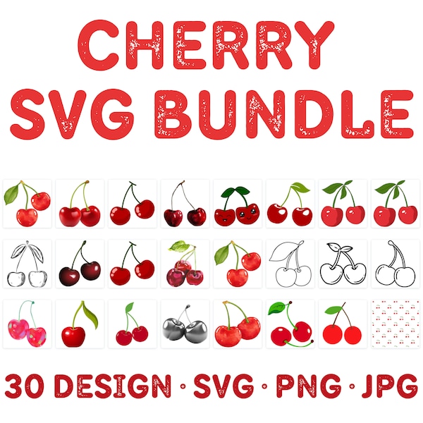 Cherry SVG Bundle, Cherries Illustration, Cherry Fruit Watercolor, Kawaii Cherry, Cute Cherry Couple, Cherry Sketch, Cherry Pattern, SVG PNG