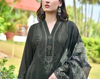 Vestidos del sur de Asia listos para usar, ropa de fiesta india, shalwar kameez de tallas grandes para mujer, vestido pakistaní de 3 piezas para Eid en verde, rosa y gris.