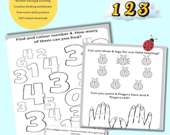 Hojas de trabajo para trazar números para niños pequeños / Libro de actividades de conteo 123 / Matemáticas preescolares imprimibles / Aprendizaje de números para niños / Descarga digital