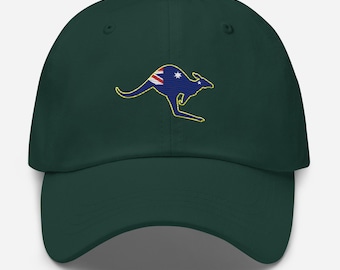 May include: A dark green baseball cap featuring an embroidered kangaroo design with the Australian flag colors. The kangaroo is outlined in yellow. The cap has a curved brim and an adjustable strap.